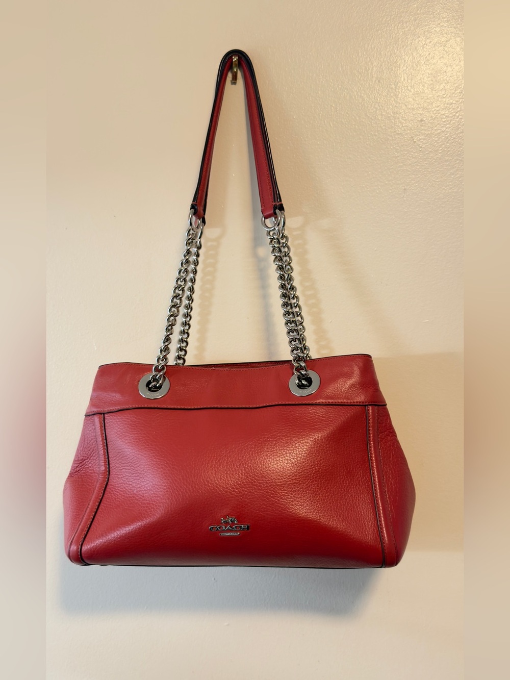Coach Red Pebbled Leather Shoulder Bag with Chain Straps